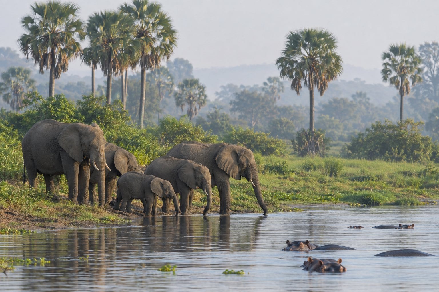 Malawi: Elephants on the Shire River. Liwonde.