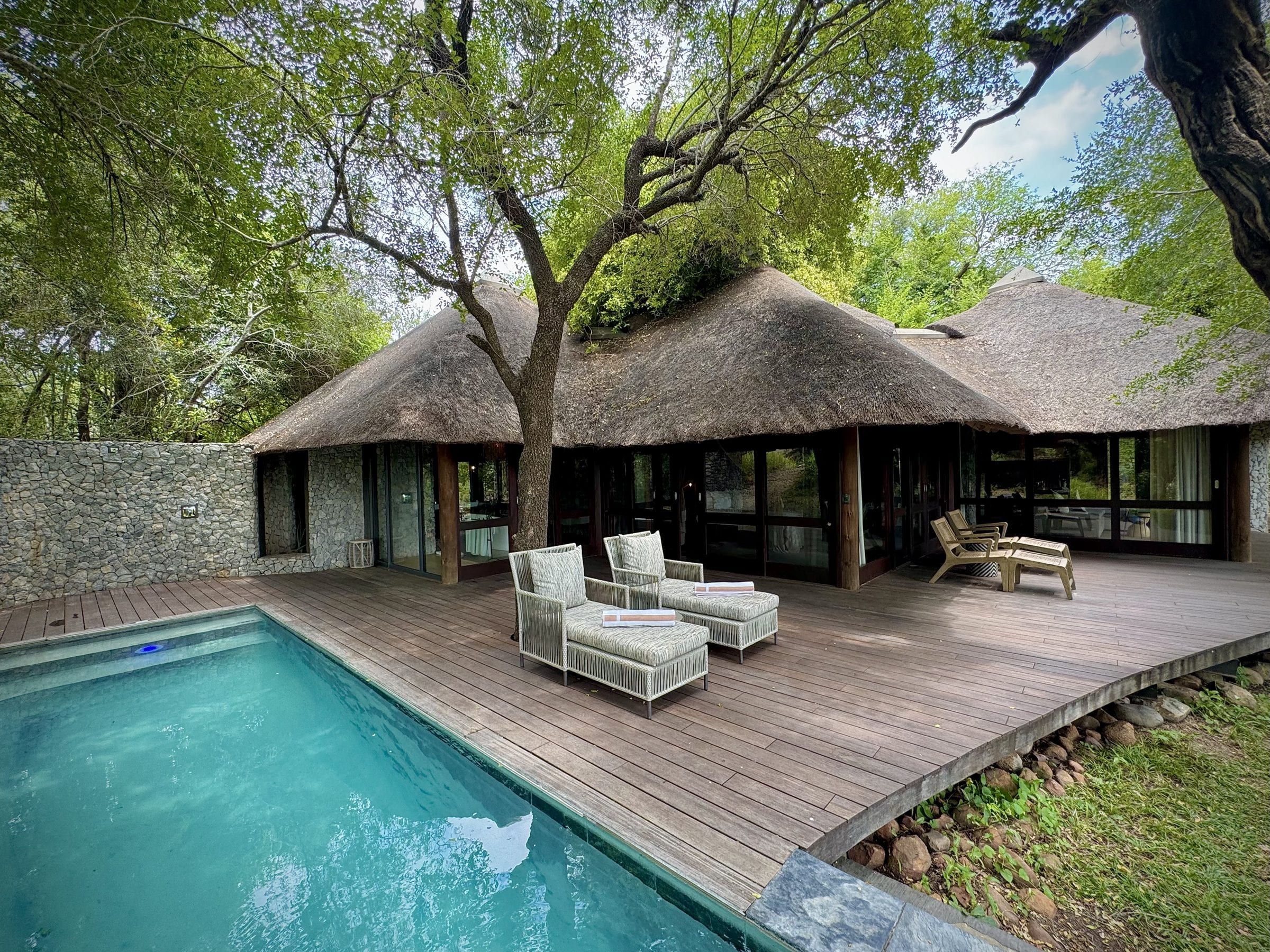 A thatched villa with a private pool under big trees